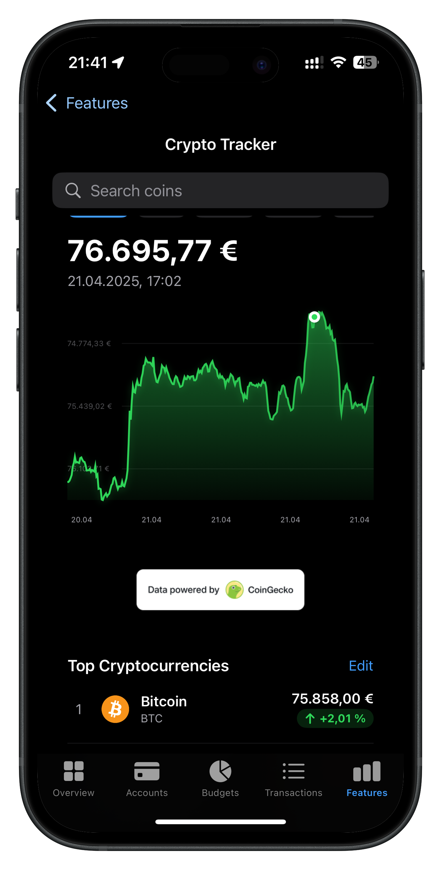 Crypto, charted alongside cash.